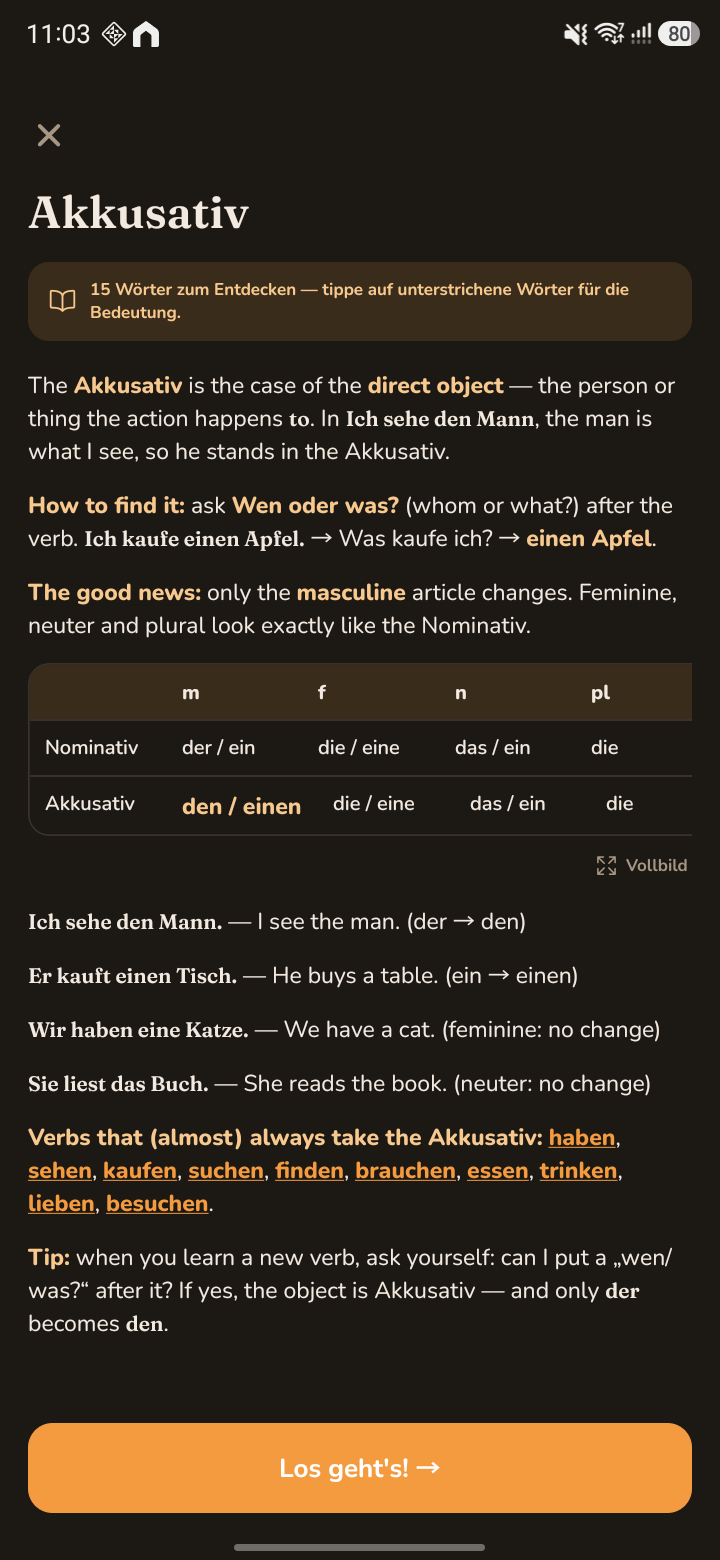 The Akkusativ grammar explainer with an article table, worked sentences and tappable verbs.
