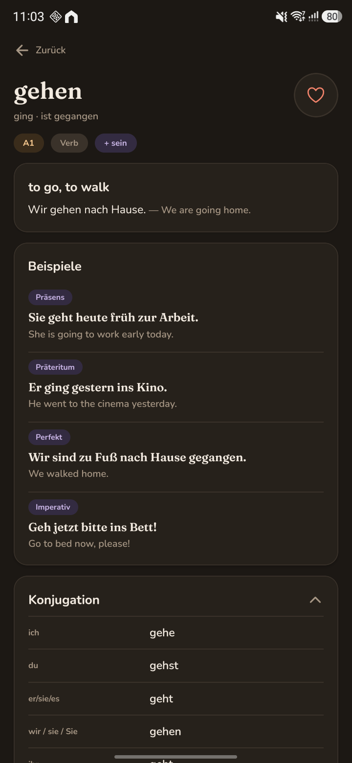 The dictionary entry for gehen, showing past forms, tagged examples in four tenses, and a conjugation table.